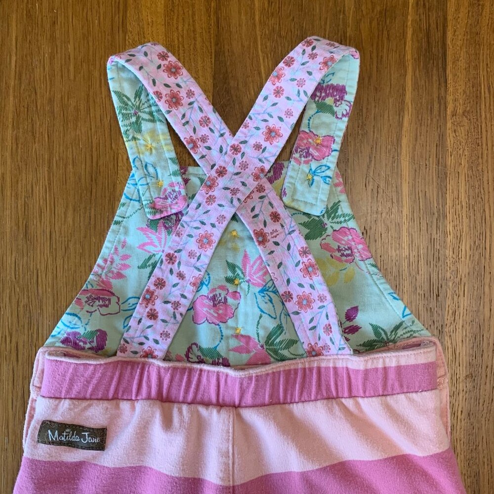 MATILDA JANE Striped Overalls Girls 12-18 Mos Pink Stripes Floral Ruffles Romper - Picture 4 of 11